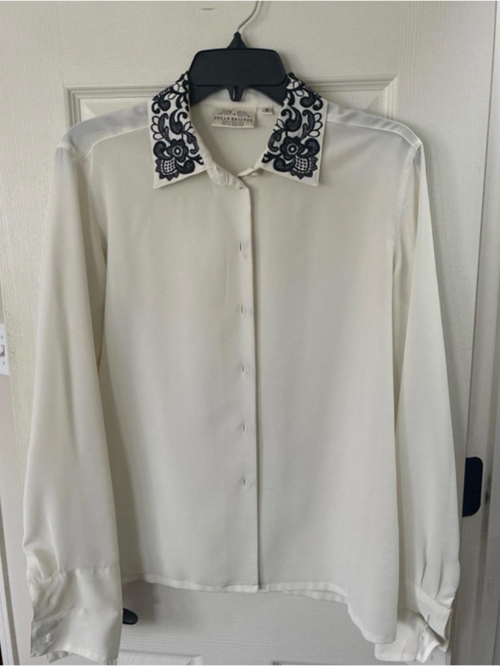 Off-White Button-Down Shirt with Black Embroidered Collar